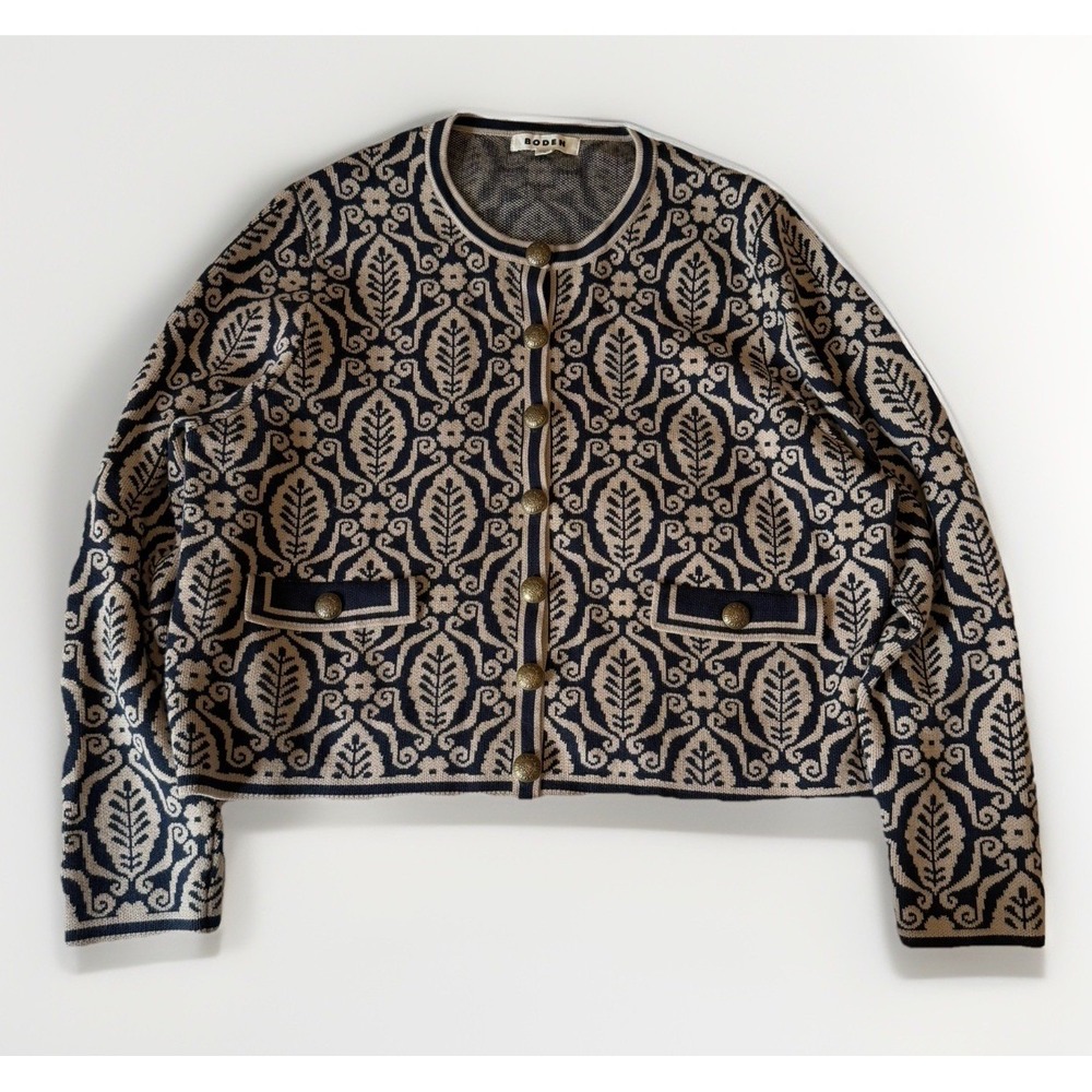 Boden Boxy Plus Size 20 Holly Knitted Cardigan Paisley Navy Antique Gold Button